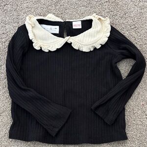 Black Ribbed girls Sweater with Cream Ruffle Collar